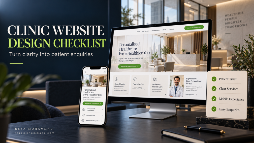 Clinic website design checklist with desktop and mobile website previews and a patient enquiry checklist