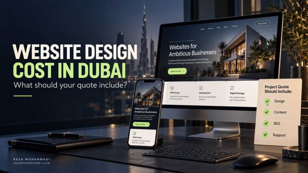 Website design cost in Dubai illustration with desktop and mobile website previews and a project quote checklist