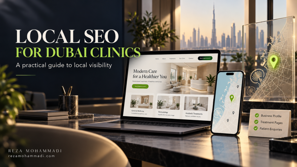 Local SEO for Dubai clinics illustration with a clinic website on a laptop and Dubai maps with location pins